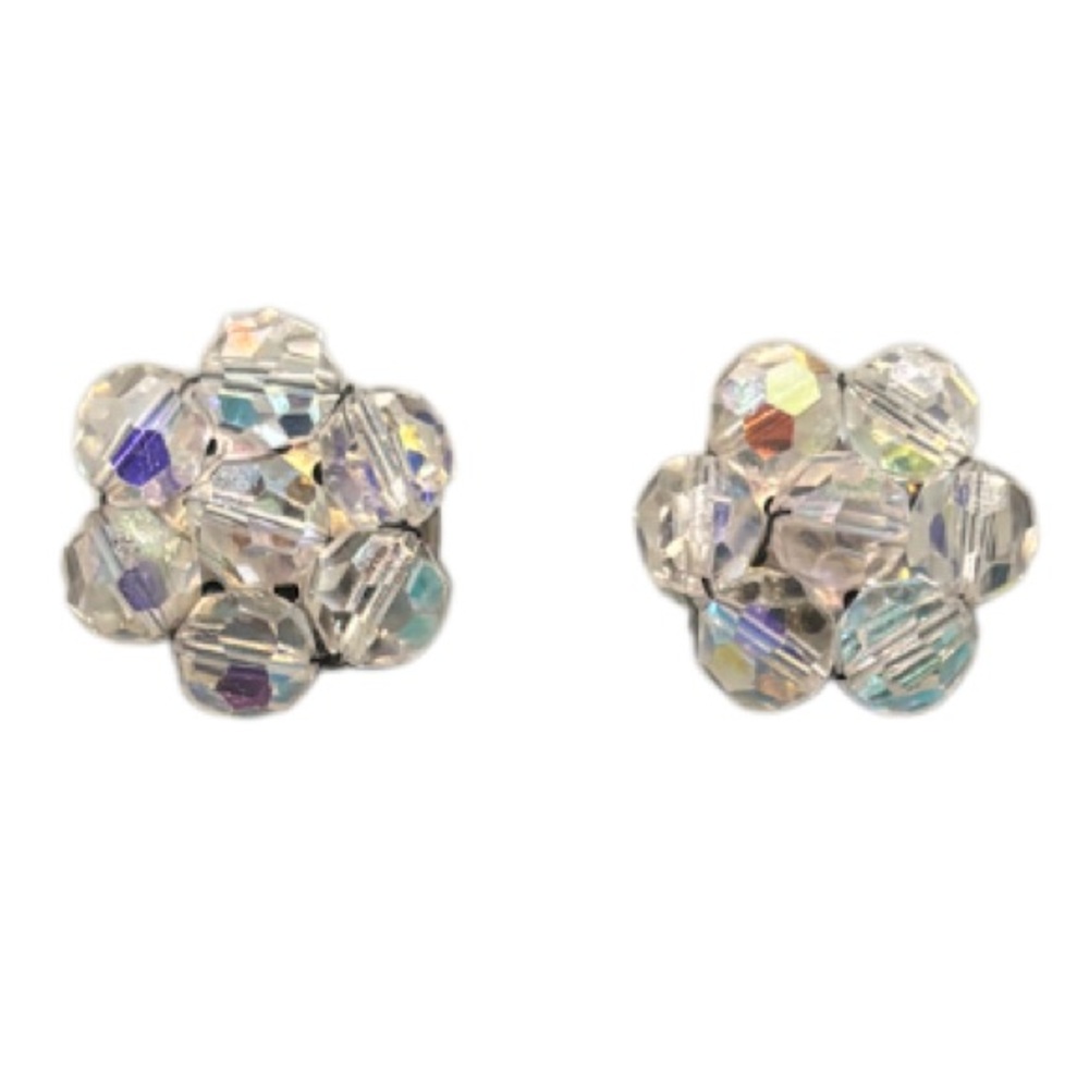 Vintage Earrings Aurora Borealis Crystal Beaded Flowers Clip On 50s 60s Jewelry - Picture 3 of 16